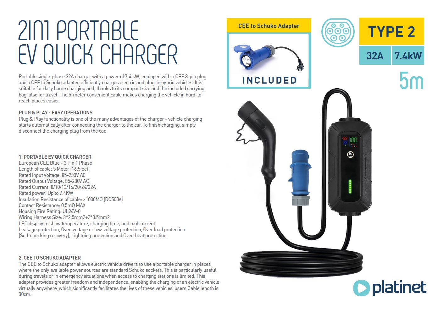 PLATINET 2-IN-1 PORTABLE EV QUICK CHARGER 5M